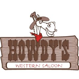 Cartoonos en houten bord met tekst 'Howdy's Western Saloon'.