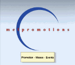 Logo mit blauem Bogen und "melpromotions" Schriftzug, darunter Text "Promotion - Messe - Events".