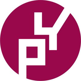 Rundes Logo in Weinrot mit den stilisierten Buchstaben "P" und "Y".