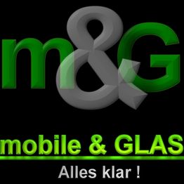 Schwarzes Logo mit grüner und grauer Schrift: "m&G mobile & GLAS Alles klar!"