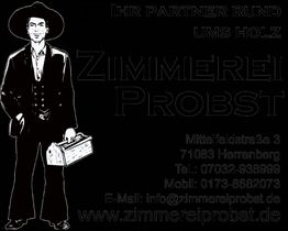 Schwarz-weiße Werbung für Zimmerei Probst mit Handwerker und Kontaktinformationen.