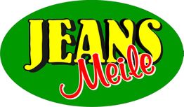 Logo mit gelbem "JEANS" und rotem "Meile" auf grünem ovalen Hintergrund.