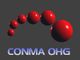 Rote Kugeln in einer Kurve auf grauen Hintergrund, darunter steht "CONMA OHG".
