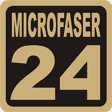 Schwarzes Quadrat mit beiger Aufschrift „Microfaser 24“.