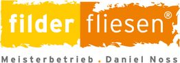 Logo von "Filder Fliesen", Text auf gelbem und orangem Hintergrund. Darunter "Meisterbetrieb Daniel Noss".
