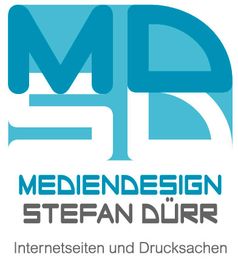 Logo von Mediendesign Stefan Dürr mit blauem Design, Text: "Internetseiten und Drucksachen".