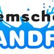 Logo met opspattend water en tekst: "Zwemschool Sandra", met telefoonnummer rechtsonder.