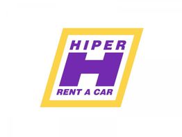Logotipo de "Hiper Rent a Car" con letra "H" en morado y fondo amarillo.