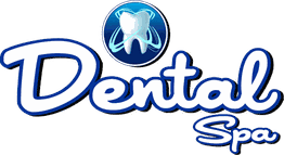 Logo with a white tooth and blue aura above the text "Dental Spa" in white and blue.