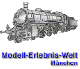 Illustration einer Dampflokomotive mit dem Text "Modell-Erlebnis-Welt München" darunter.
