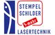 Logo mit blauem Fisch, rot umrahmtem Text: "Stempel Schilder Lasertechnik".