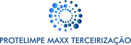 Logotipo com círculo de bolhas azuis e texto "PROTELIMPE MAXX TERCEIRIZAÇÃO" em azul.