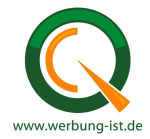 Grünes und oranges Kreissymbol, darunter die Website-URL www.werbung-ist.de in grüner Schrift.