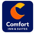 Logo of Comfort Inn & Suites with an orange and yellow icon on a blue background.