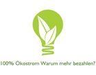 Grüne Glühbirne mit Blättern und Text: "100% Ökostrom Warum mehr bezahlen?"