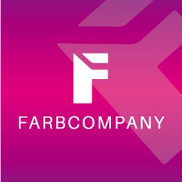 Logo mit weißem Buchstaben "F" und Schriftzug "FARBCOMPANY" auf pinkem Hintergrund.