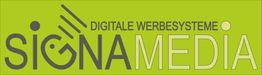 Logo von SignaMedia mit grünem Hintergrund und Text "Digitale Werbesysteme SignaMedia".