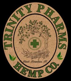 "Logo with a tree, green cross, and 'Trinity Pharms Hemp Co., Black Mountain, NC' text."