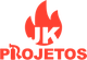 Logo vermelho com chama e texto "JK Projetos" abaixo.