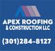 Logo for Apex Roofing & Construction LLC with phone number: (301) 284-8127, on blue background.