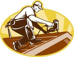 Illustration of a roofer with a nail gun working on a roof, set within a yellow oval background.
