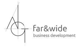 Logo di "far&wide business development" con linee geometriche nere su sfondo bianco.