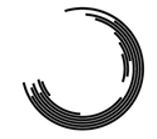 Abstraktes schwarzes Kreismuster aus gebogenen Linien vor weißem Hintergrund.