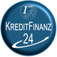 Blaues Logo mit der Aufschrift "KreditFinanz 24" und Münzdesign oben.
