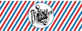 Listra com azul, vermelho e branco, com um logotipo de barbearia central em estilo vintage.