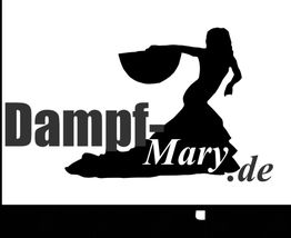 Silhouette einer tanzenden Frau mit Fächer neben dem Text "Dampf-Mary.de".