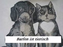 Illustration von einem Hund und einer Katze, mit dem Text "Barfen ist tierisch".
