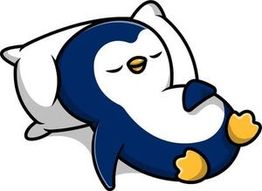 Schlafender Pinguin auf einem Kissen, entspannt mit geschlossenen Augen und verschränkten Armen.