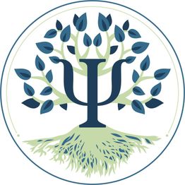 Símbolo psi como tronco de árbol con hojas y raíces en un círculo.