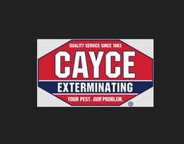 Red and blue logo for Cayce Exterminating, stating "Quality service since 1963."