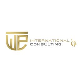 Logo con scritta "International Consulting" e simbolo astratto dorato su sfondo bianco.