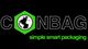 Logo von "CONBAG" mit Erdkugel und Slogan "simple smart packaging" auf schwarzem Hintergrund.