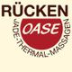 Logo mit Text "RÜCKENOASE" und "Jade-Thermal-Massagen" auf rotem Hintergrund.