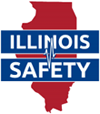 Red Illinois map with "Illinois Safety" text in blue and white, featuring a heartbeat symbol.