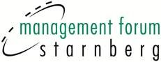 Logo: Schriftzug "management forum starnberg" mit geschwungenem, gepunktetem Bogen links oben.