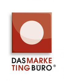 Rotes Quadrat mit weißem Kreis, darunter Text: DAS MARKETING BÜRO.