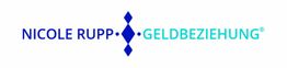 Logo mit Text "Nicole Rupp Geldbeziehung" und einem blauen, rautenförmigen Symbol in der Mitte.