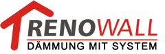 Logo von Renowall mit Schriftzug "Dämmung mit System" und rotem Dachpfeil.