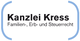 Textlogo "Kanzlei Kress", spezialisiert auf Familien-, Erb- und Steuerrecht, mit blauem Rahmen.