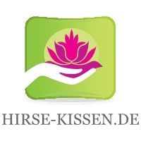 Grünes Logo mit pinker Lotusblume und Hand, darunter Schriftzug "HIRSE-KISSEN.DE".