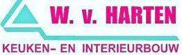 Logo met tekst: "W. v. Harten Keuken- en Interieurbouw", blauw en roze op witte achtergrond.