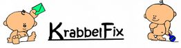 Zwei Babys, eines mit Brief und eines mit Schnuller, daneben der Schriftzug "KrabbelFix".