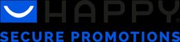 Logo mit blauem Smiley in Quadrat, Text: "HAPPY SECURE PROMOTIONS" in Schwarz und Blau.
