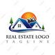Logo with two houses, trees, mountains, and a sun. Text reads "Real Estate Logo Tagline."