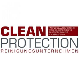 CLEAN PROTECTION Logo, Reinigungsunternehmen, Dienstleistungen in rot-weißer Schrift.