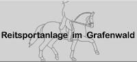 Silhouette eines Reiters auf einem Pferd mit dem Text „Reitsportanlage im Grafenwald“.